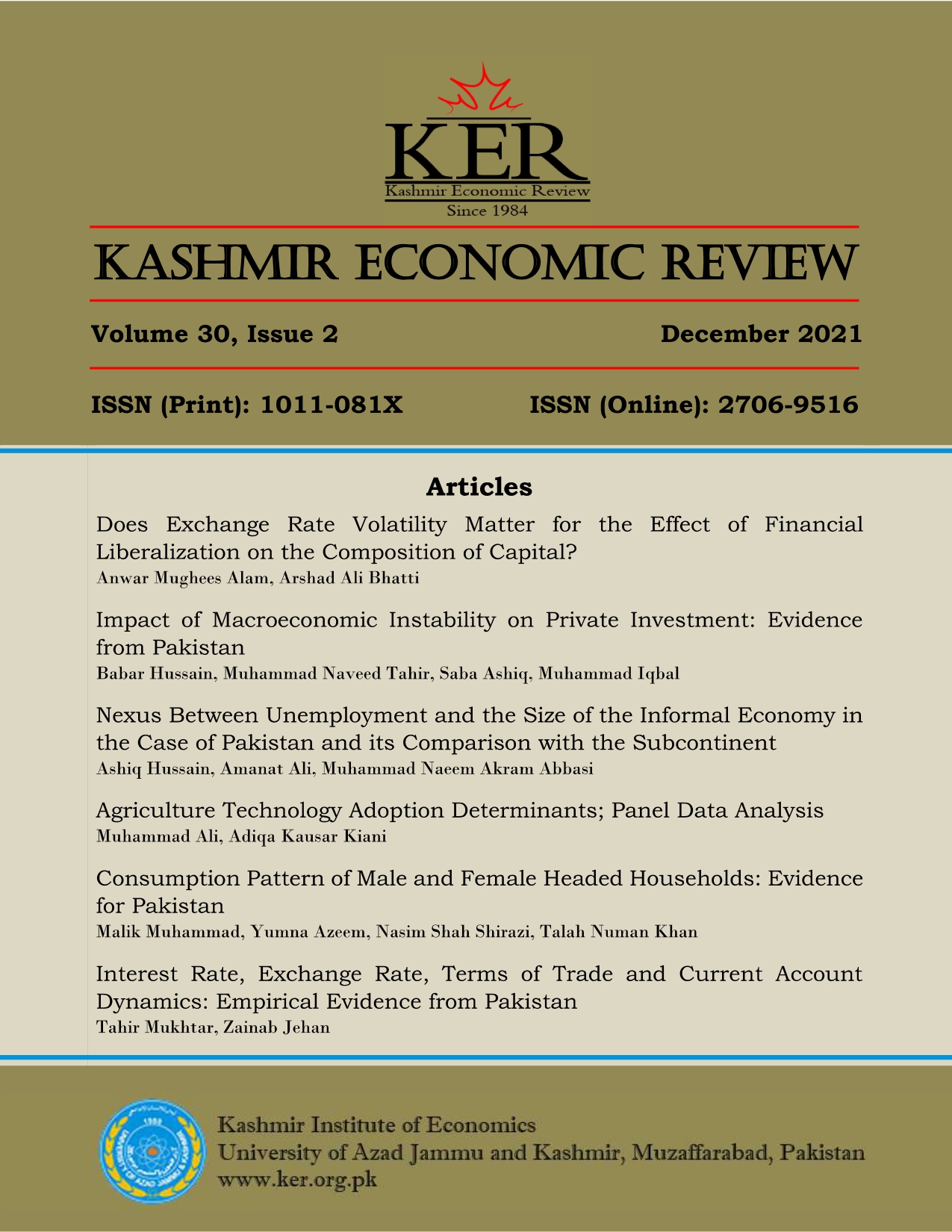 					View Vol. 30 No. 2 (2021): Kashmir Economic Review, Volume 30, Issue 2, December 2021
				